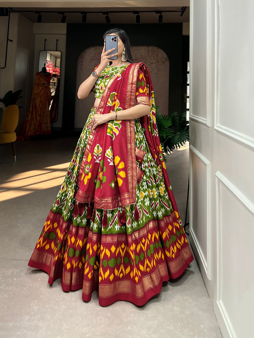 Moss Green Tussar Silk Patola Print Work  with Foil Print Lehenga Choli