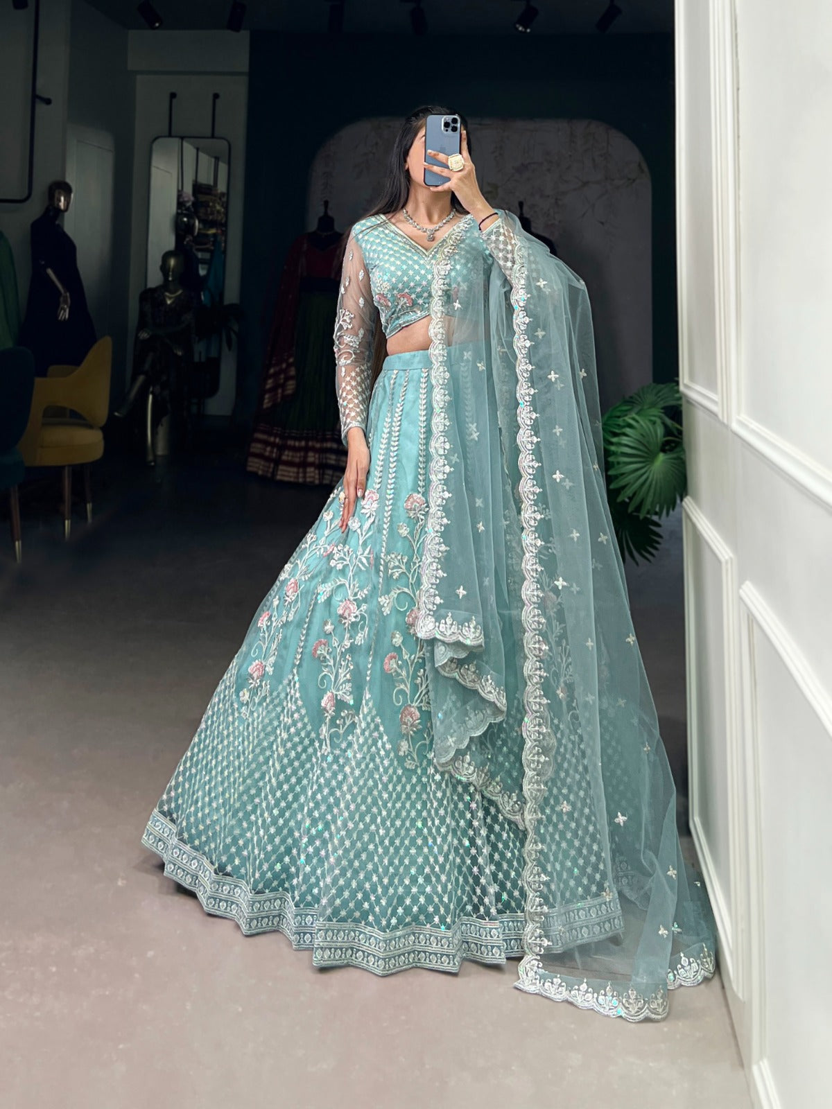 Pastel Blue Sequins and Thread Embroidery Work Lehenga Choli