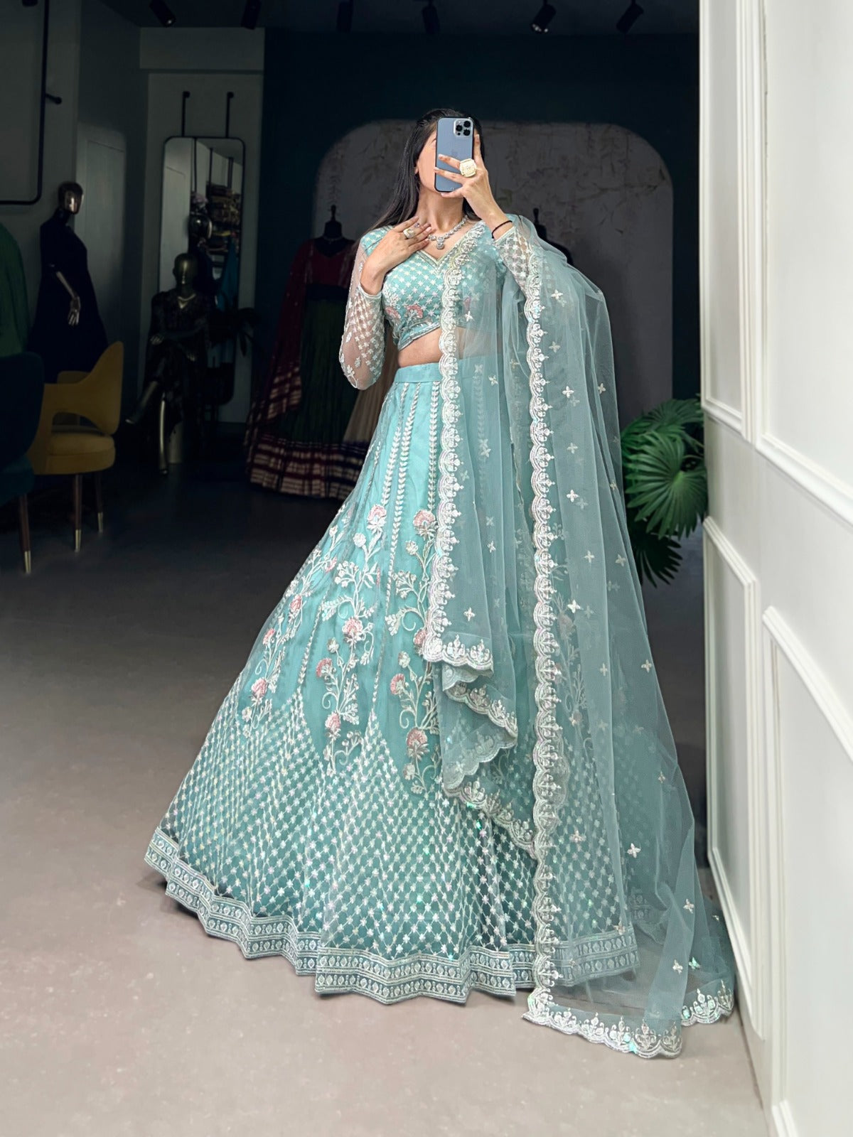 Pastel Blue Sequins and Thread Embroidery Work Lehenga Choli
