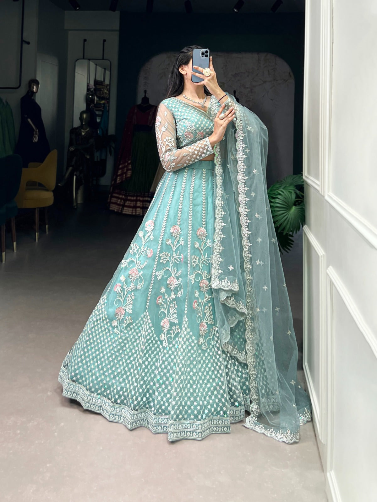 Pastel Blue Sequins and Thread Embroidery Work Lehenga Choli