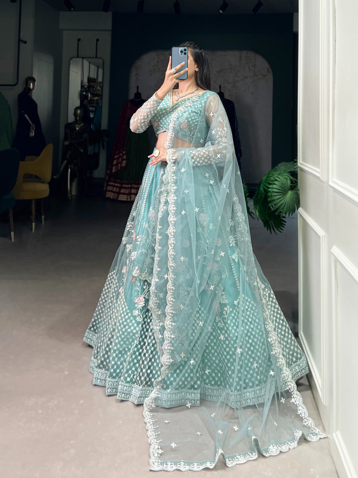 Pastel Blue Sequins and Thread Embroidery Work Lehenga Choli