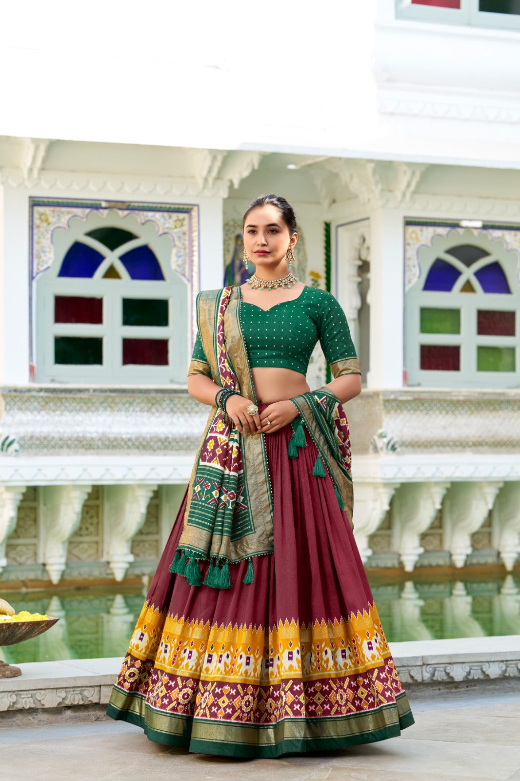 Maroon Tussar Silk Patola Printed Foil Work Lehenga Choli