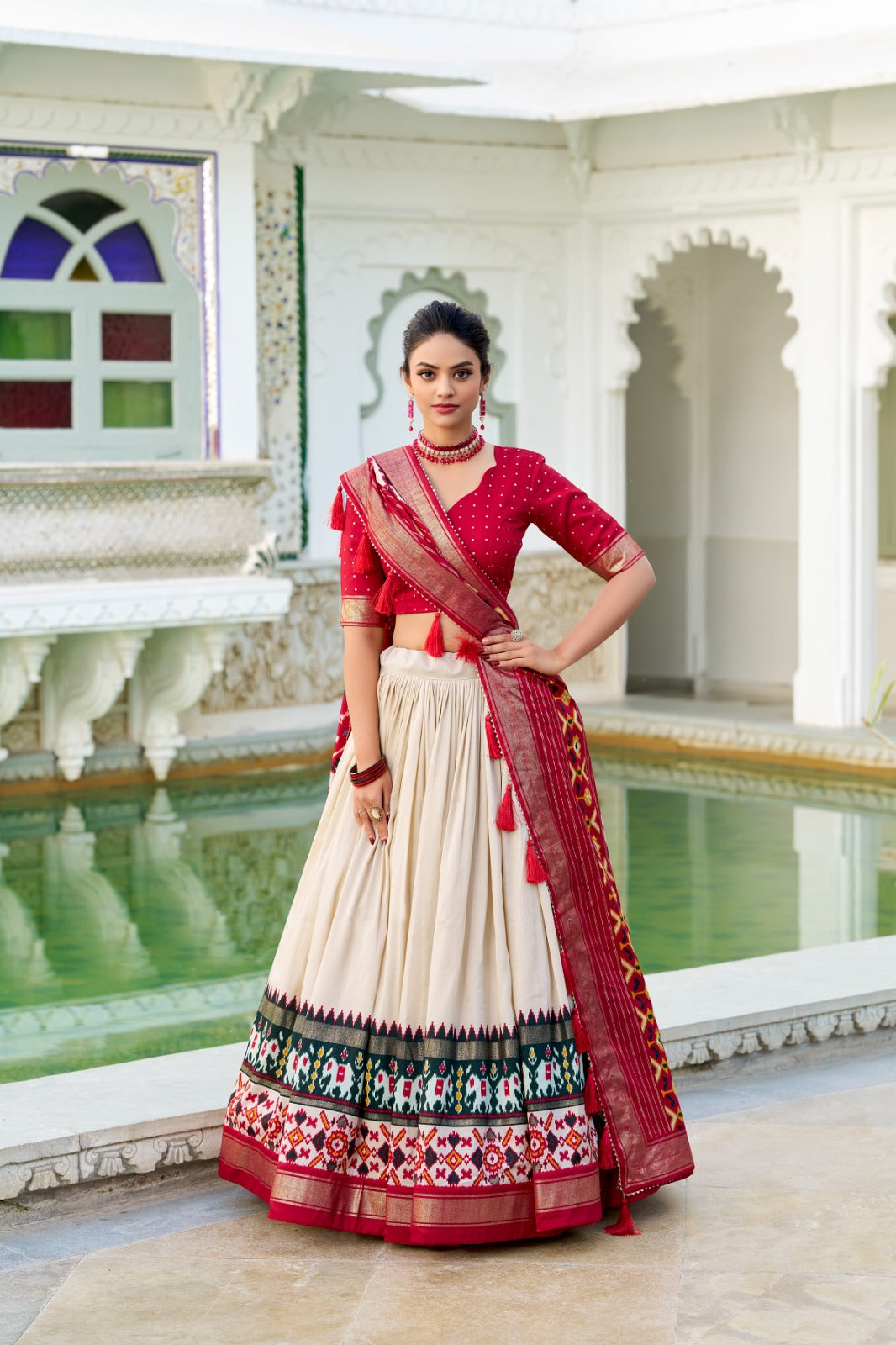 Off White Tussar Silk Patola Printed Foil Work Lehenga Choli