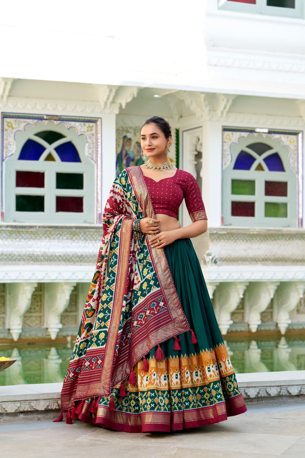 Green Tussar Silk Patola Printed Foil Work Lehenga Choli