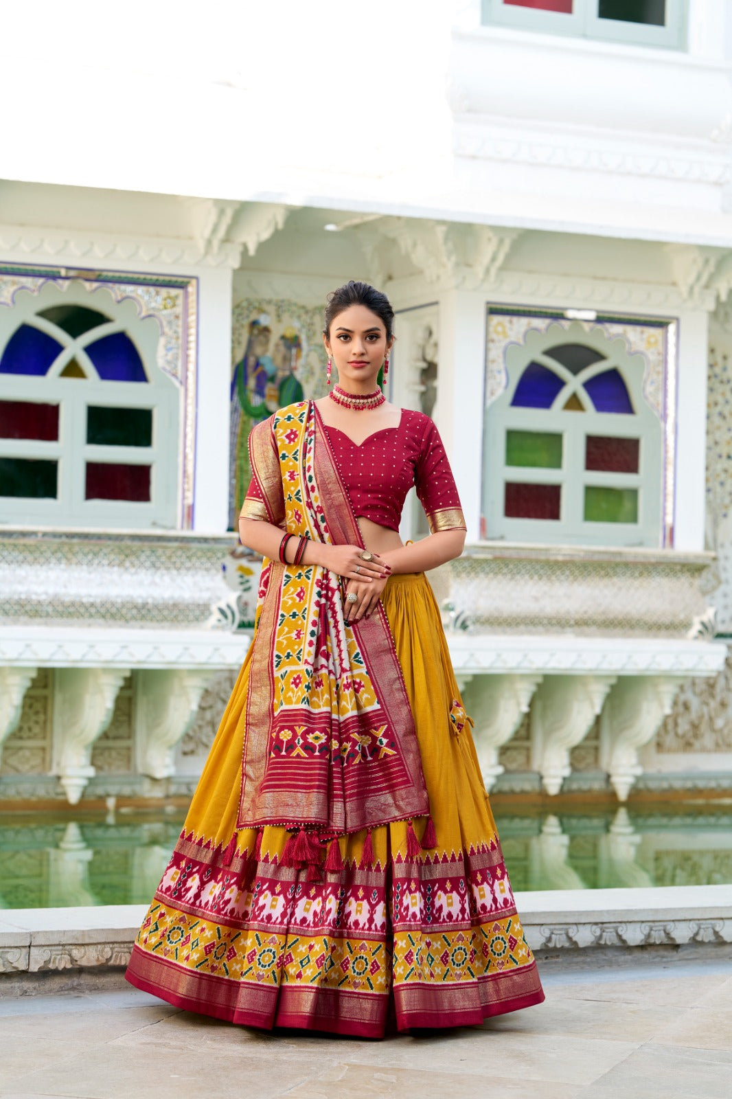 Yellow Tussar Silk Patola Printed Foil Work Lehenga Choli