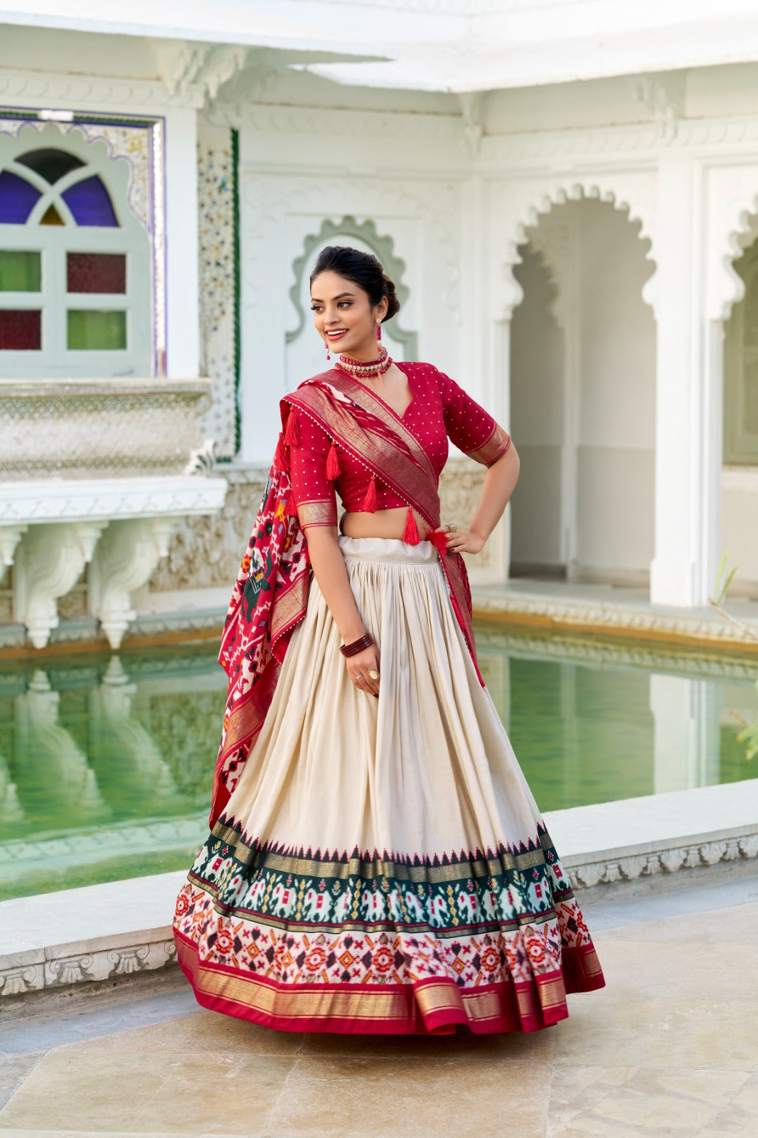 Off White Tussar Silk Patola Printed Foil Work Lehenga Choli
