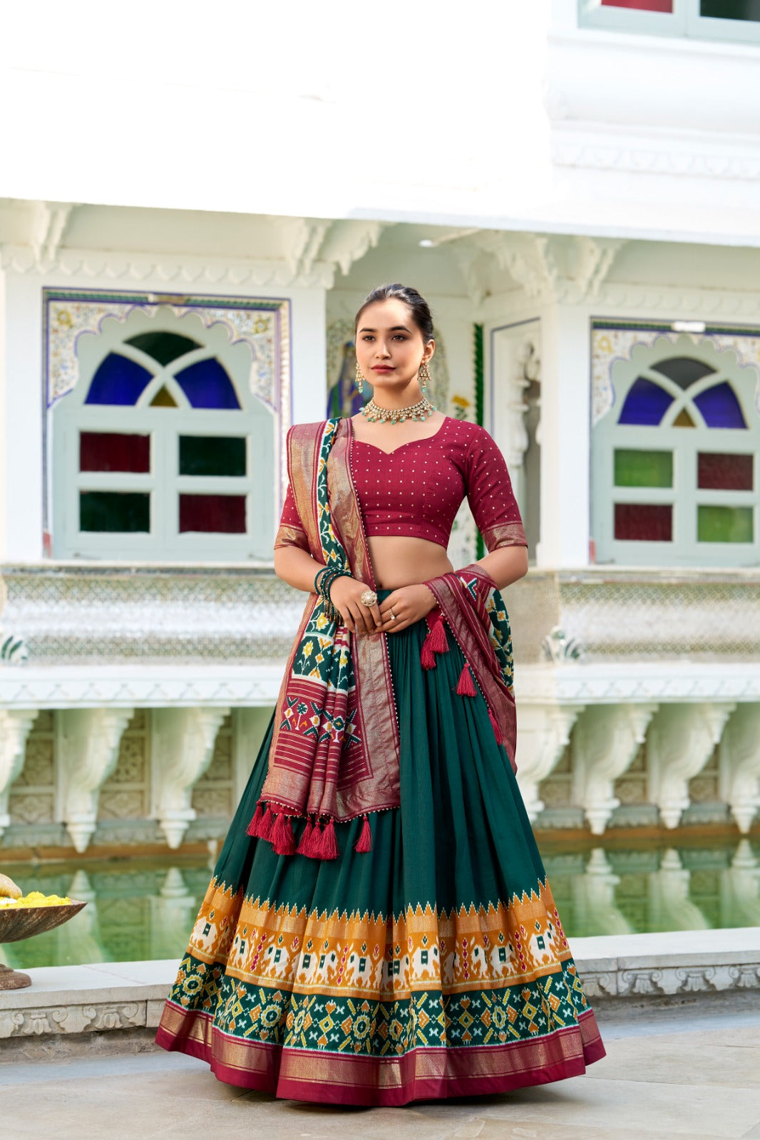Green Tussar Silk Patola Printed Foil Work Lehenga Choli