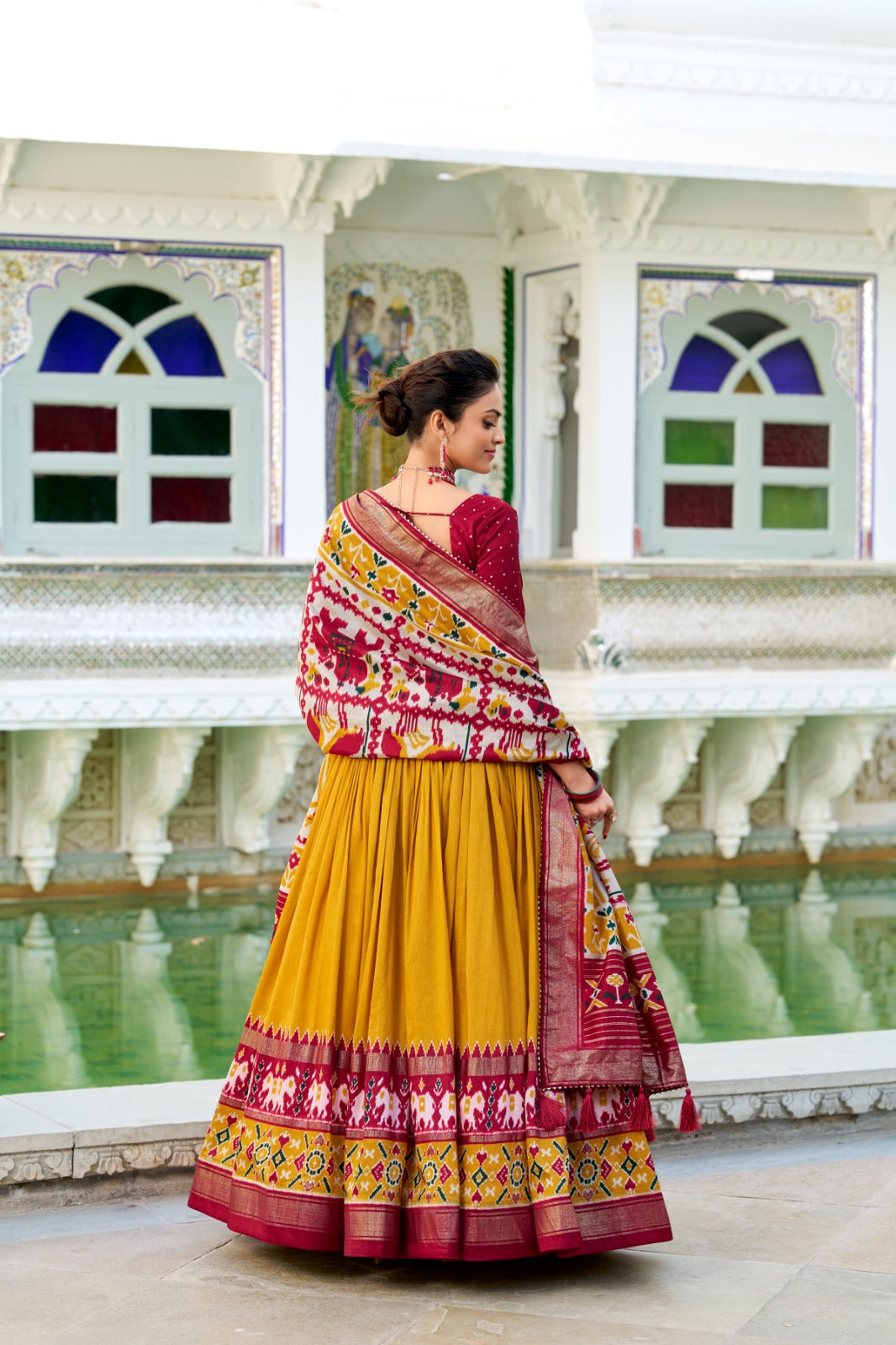Yellow Tussar Silk Patola Printed Foil Work Lehenga Choli