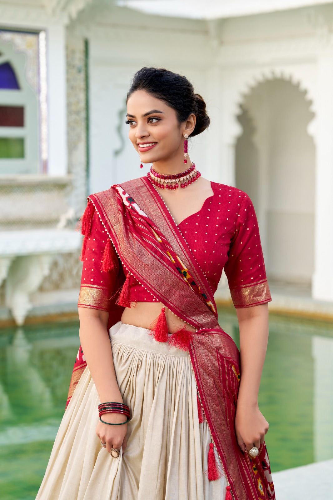Off White Tussar Silk Patola Printed Foil Work Lehenga Choli
