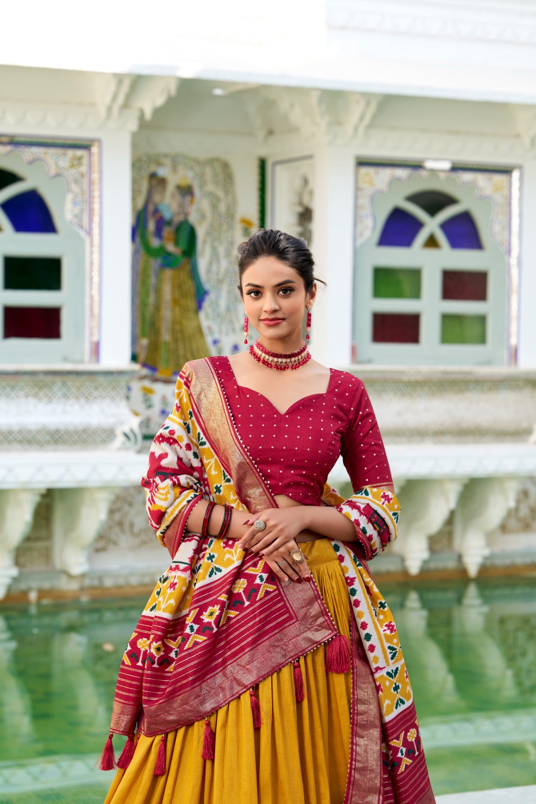 Yellow Tussar Silk Patola Printed Foil Work Lehenga Choli