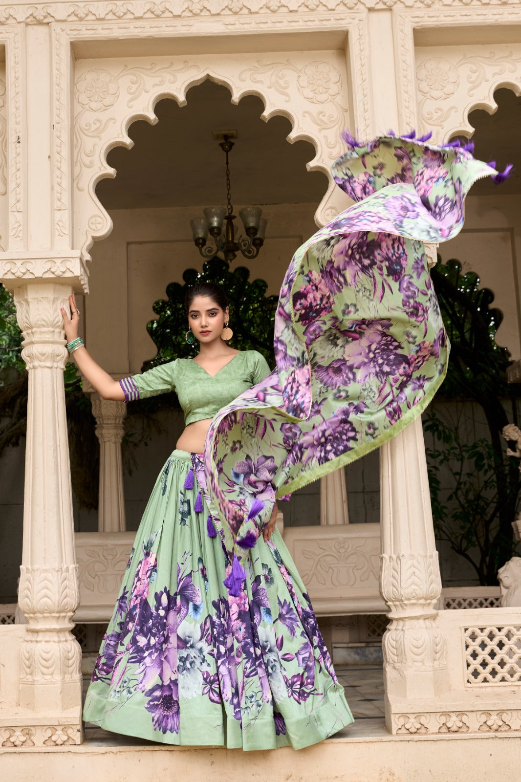 Pista Green  Tussar Silk Floral Printed Lehenga Choli