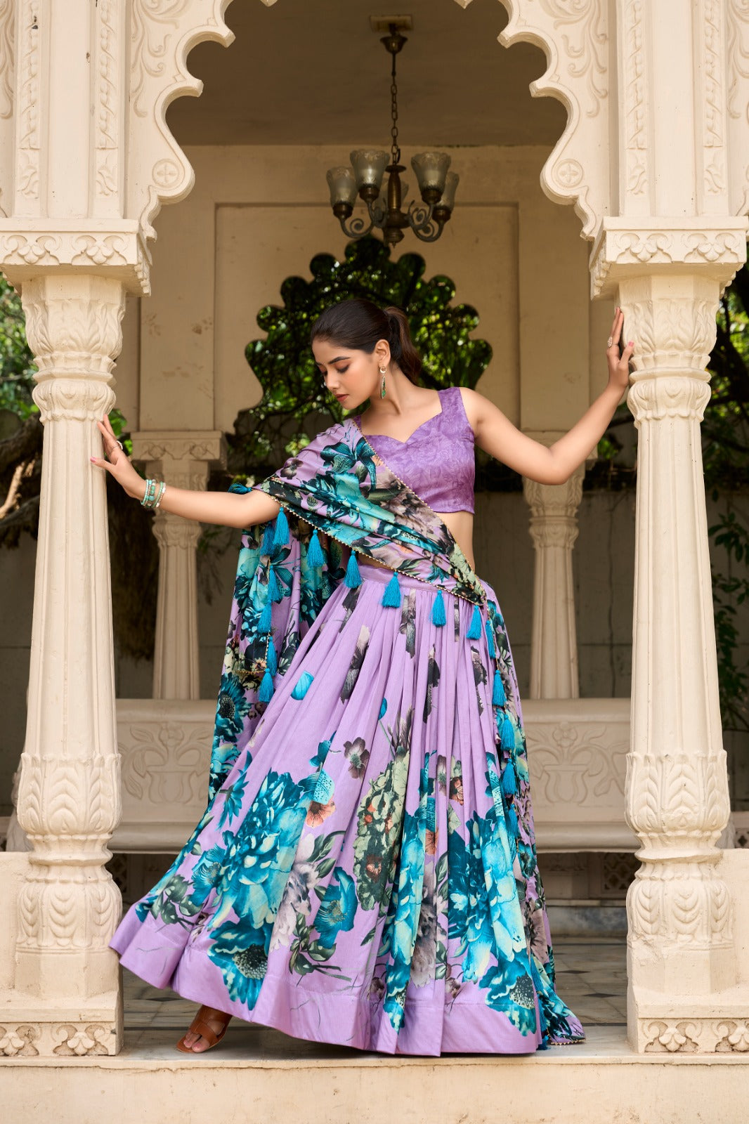 Lavender Tussar Silk Floral Printed Lehenga Choli