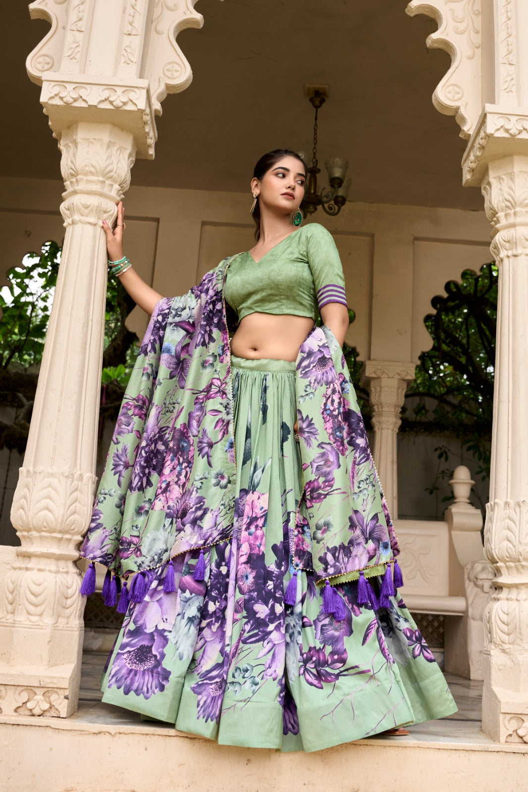 Pista Green  Tussar Silk Floral Printed Lehenga Choli