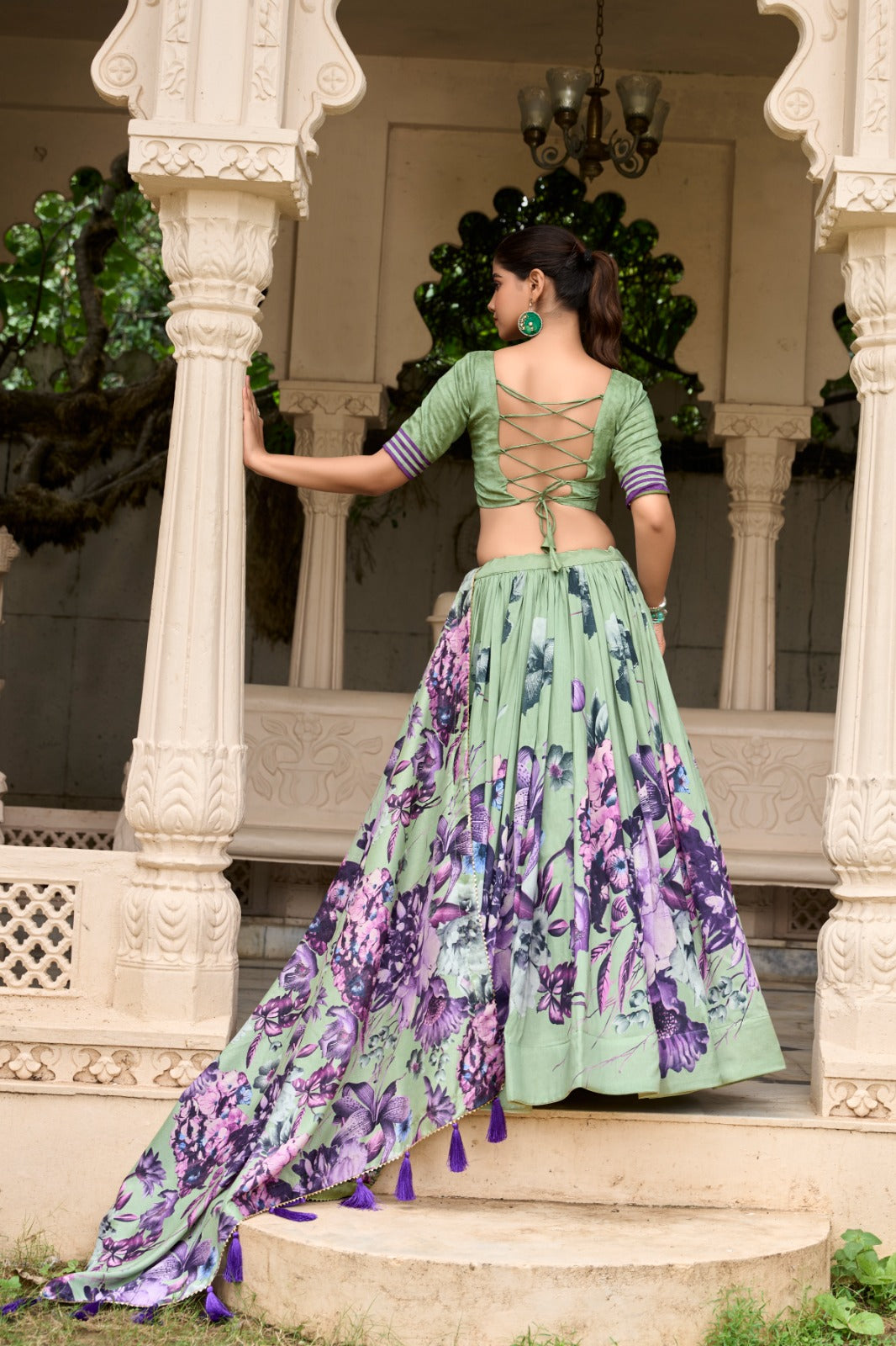 Pista Green  Tussar Silk Floral Printed Lehenga Choli