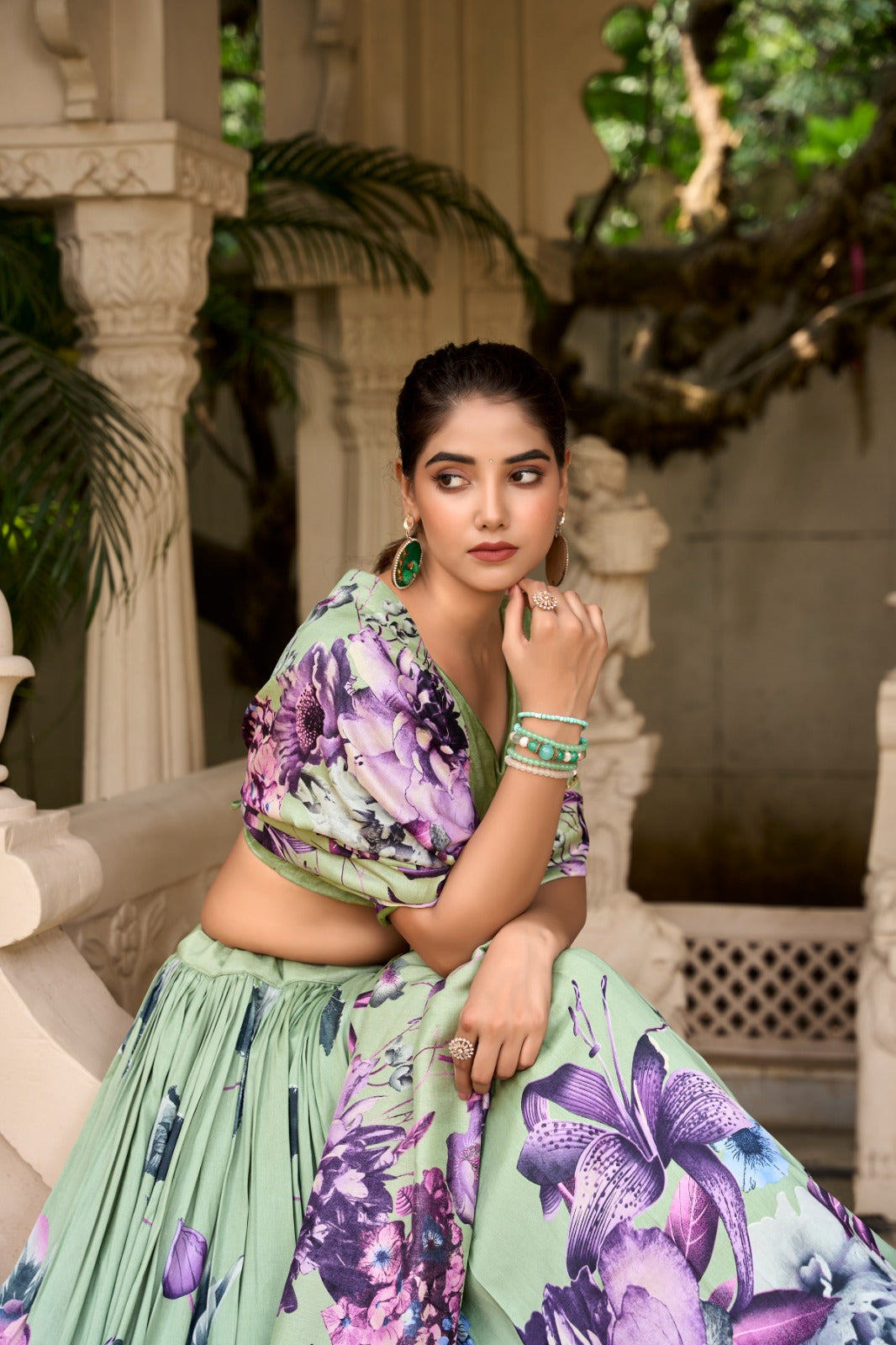 Pista Green  Tussar Silk Floral Printed Lehenga Choli
