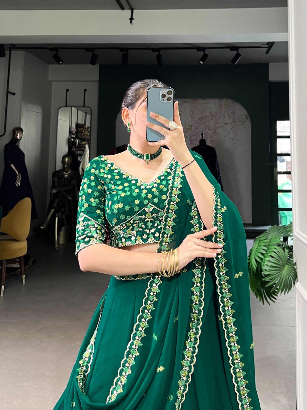 Memorial Green Thread embroidered Work Georgette Lehenga Choli
