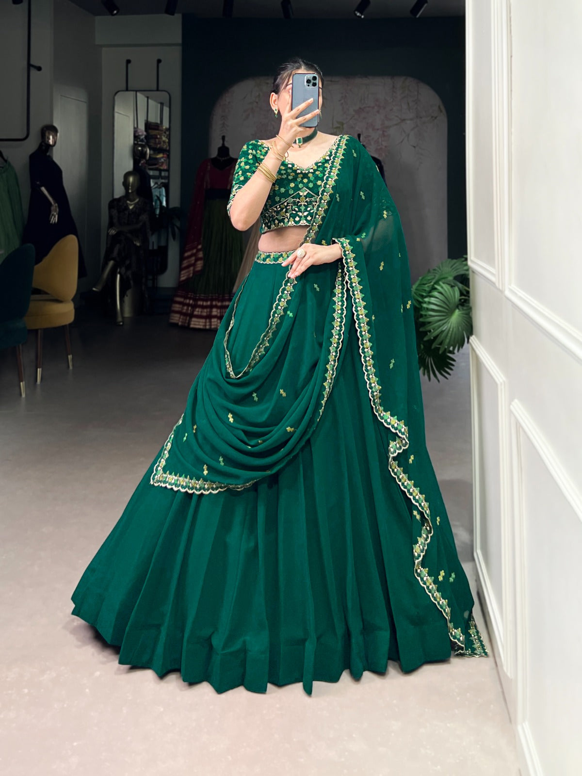 Memorial Green Thread embroidered Work Georgette Lehenga Choli