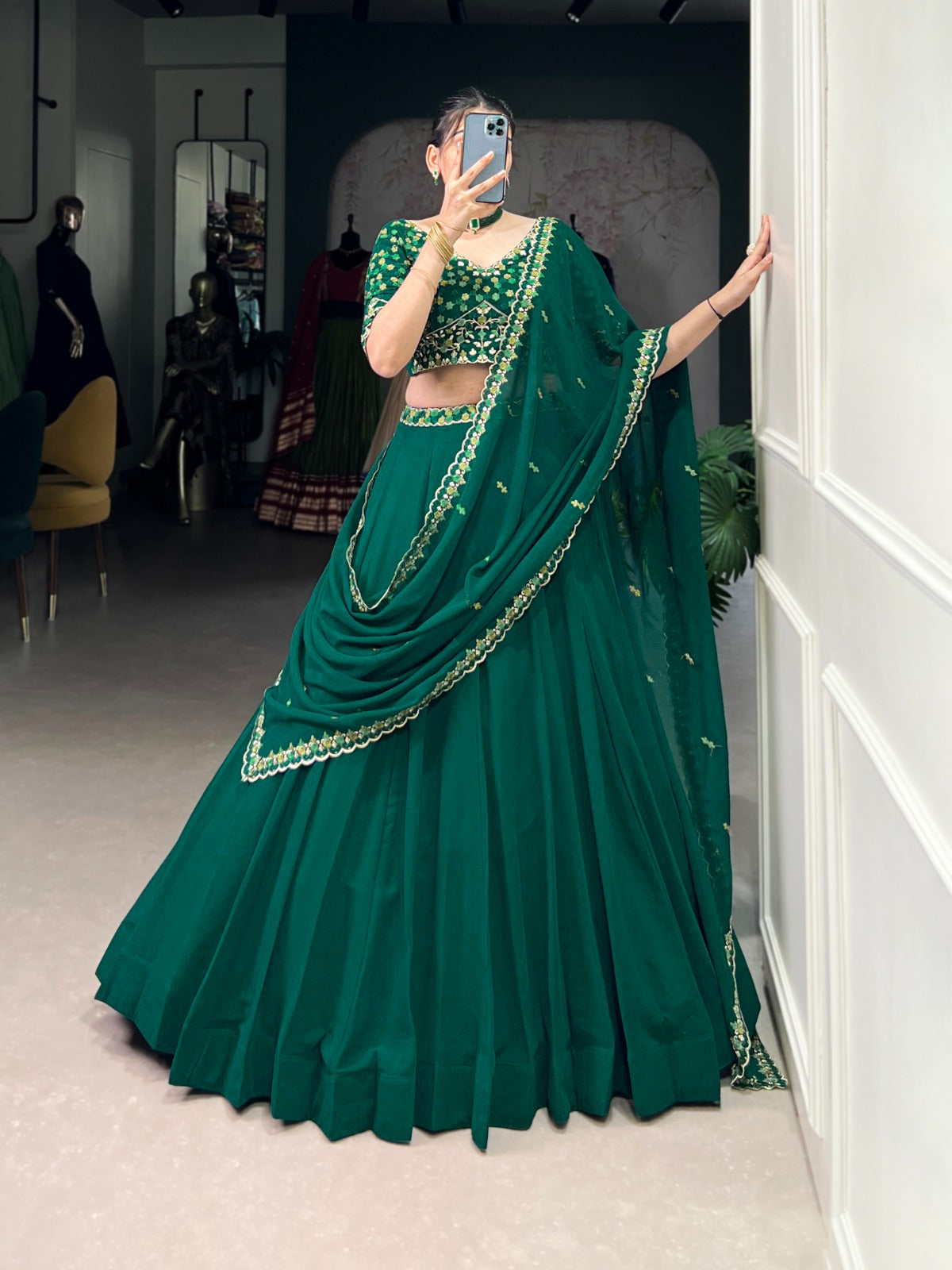 Memorial Green Thread embroidered Work Georgette Lehenga Choli