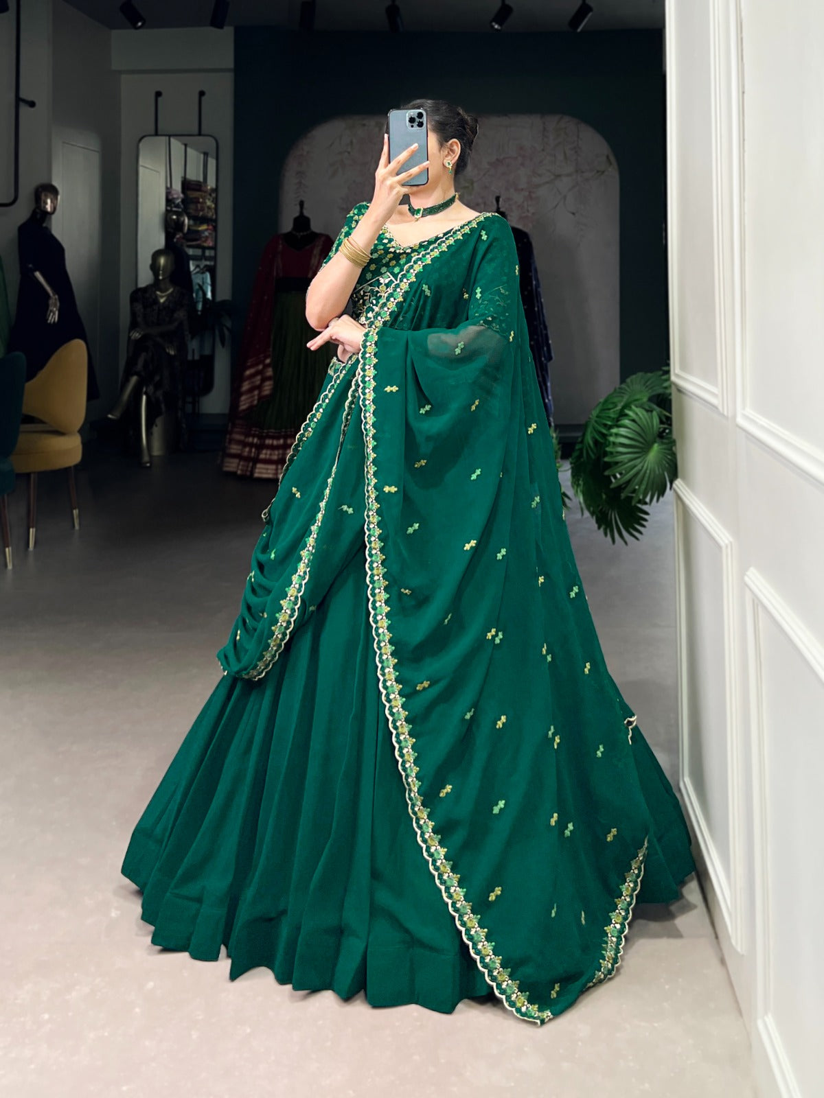Memorial Green Thread embroidered Work Georgette Lehenga Choli