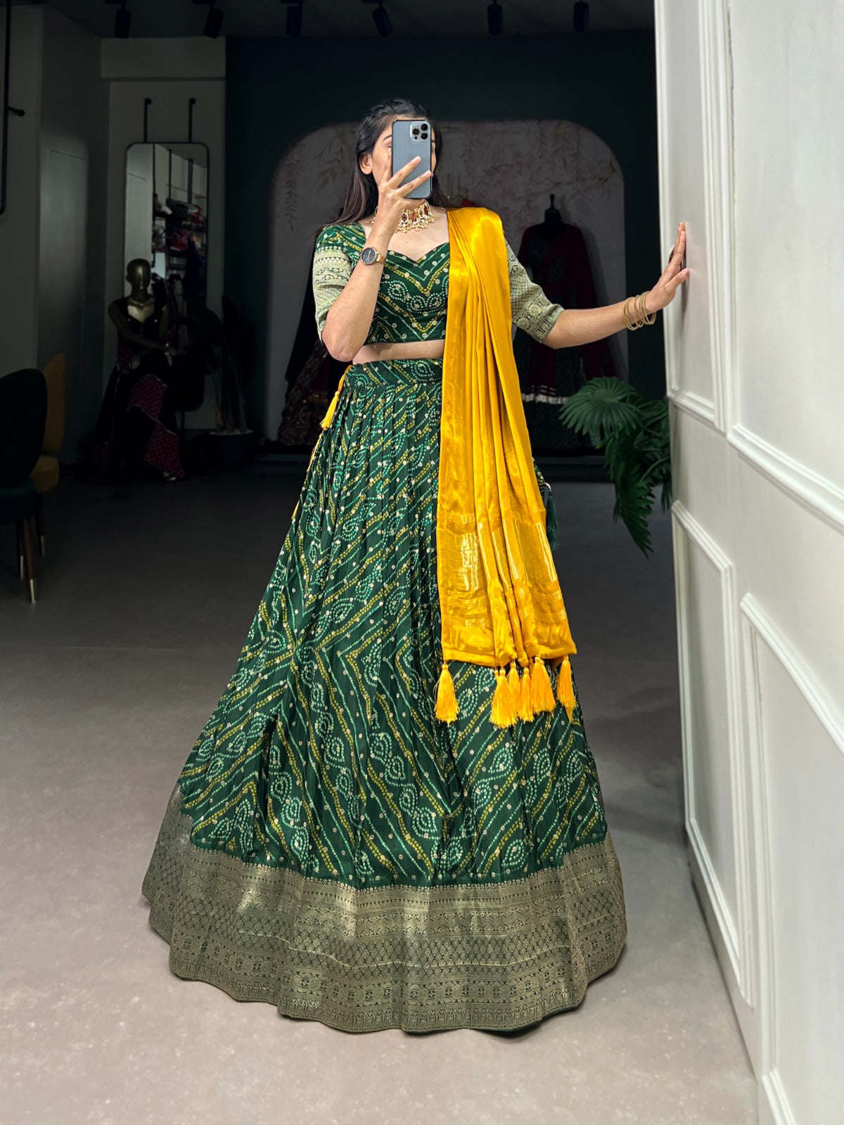 Green Zari Weaving Dola silk Lehenga Choli With Tassels