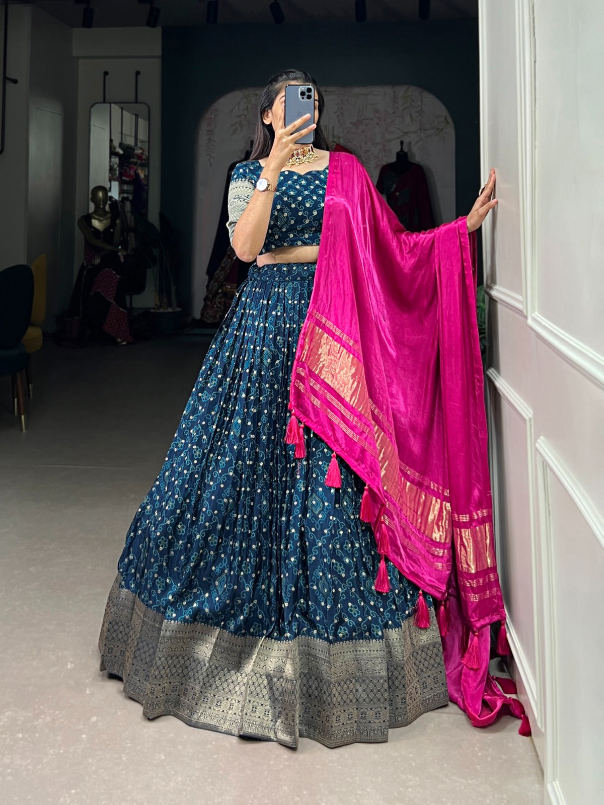 Navy Blue Zari Weaving Dola silk Lehenga Choli With Tassels