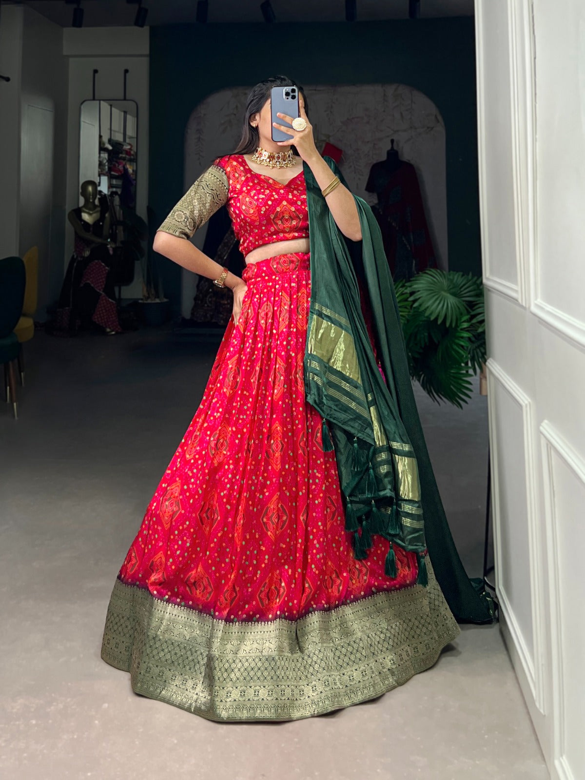 Ruby Zari Weaving Dola silk Lehenga Choli With Tassels