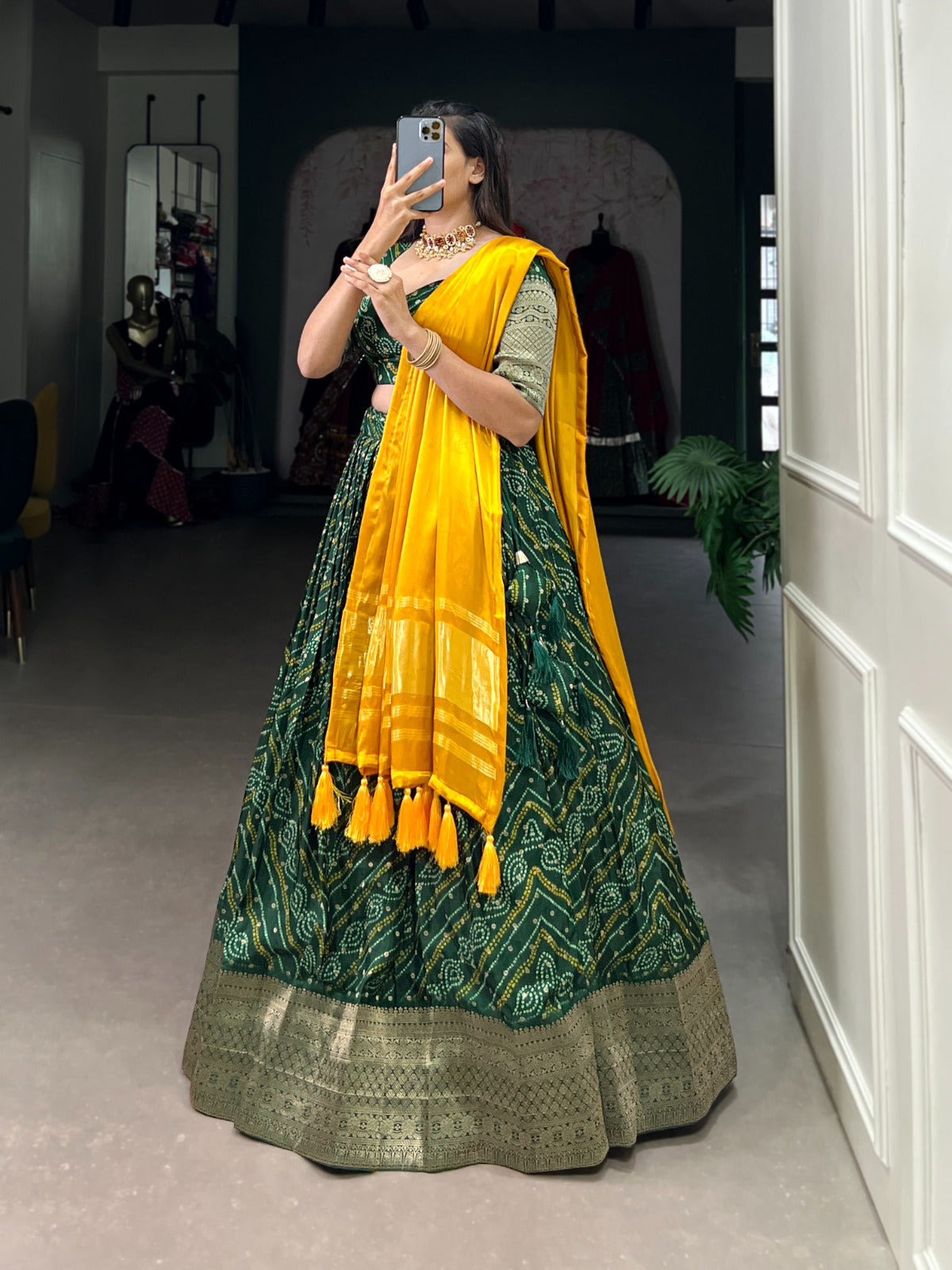 Green Zari Weaving Dola silk Lehenga Choli With Tassels
