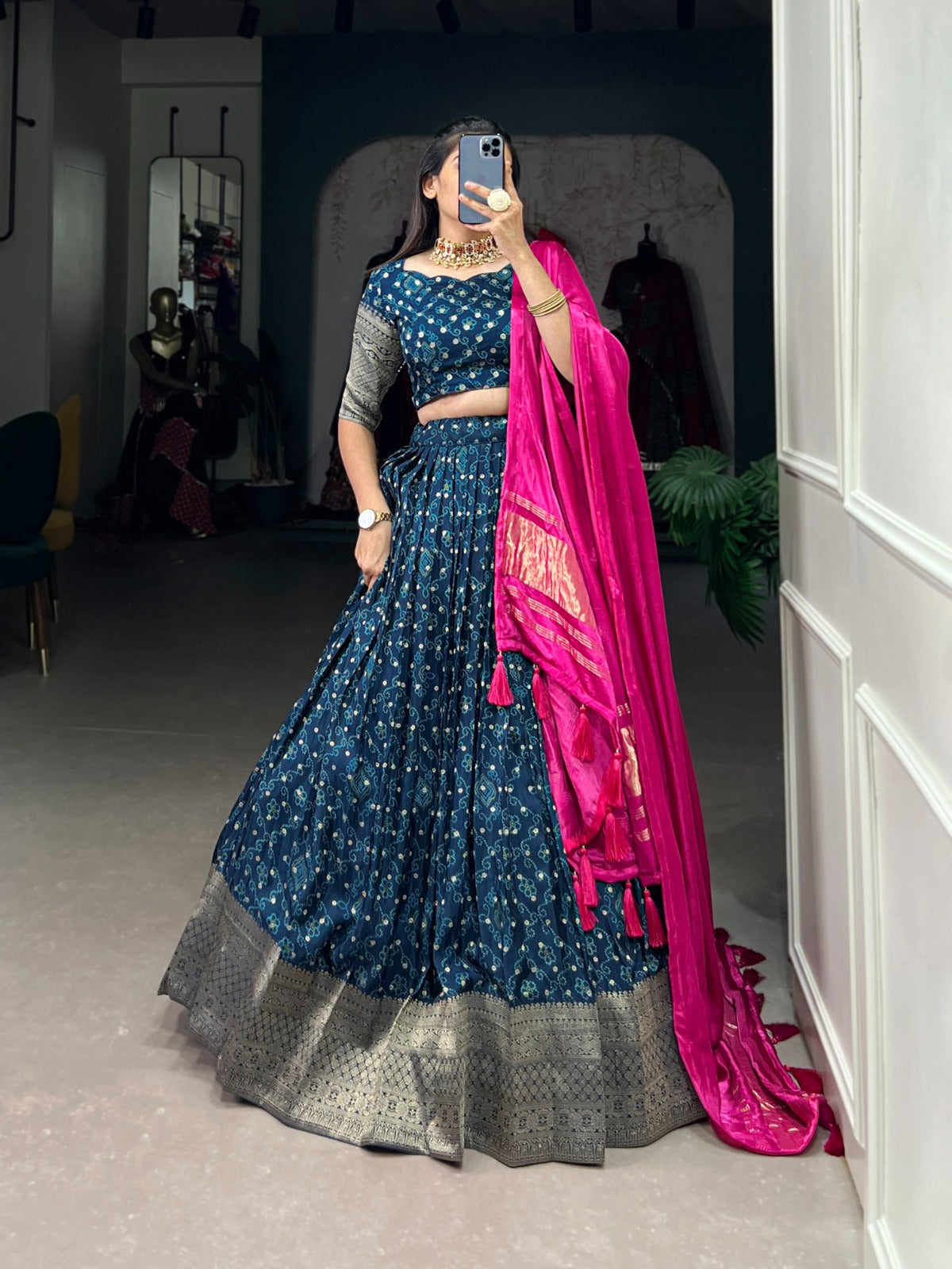 Navy Blue Zari Weaving Dola silk Lehenga Choli With Tassels