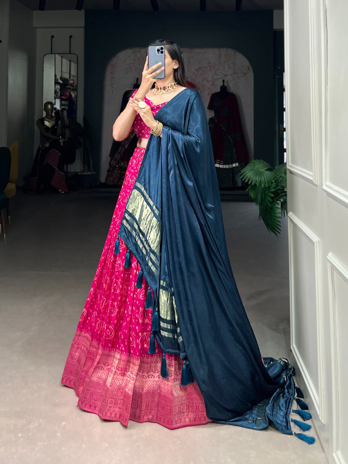 Pink Zari Weaving Dola silk Lehenga Choli With Tassels
