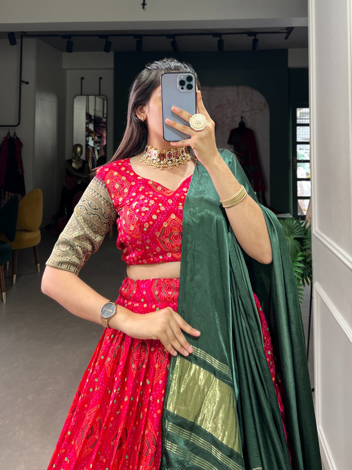 Ruby Zari Weaving Dola silk Lehenga Choli With Tassels