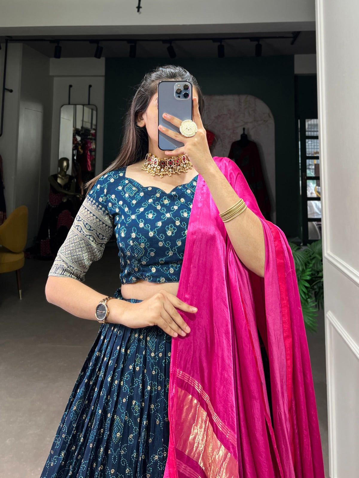 Navy Blue Zari Weaving Dola silk Lehenga Choli With Tassels