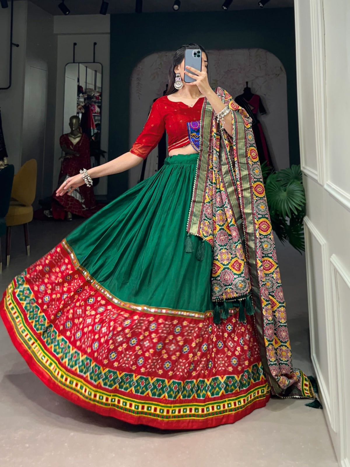 Green Dola Silk Printed With Foil Work Lehenga Choli