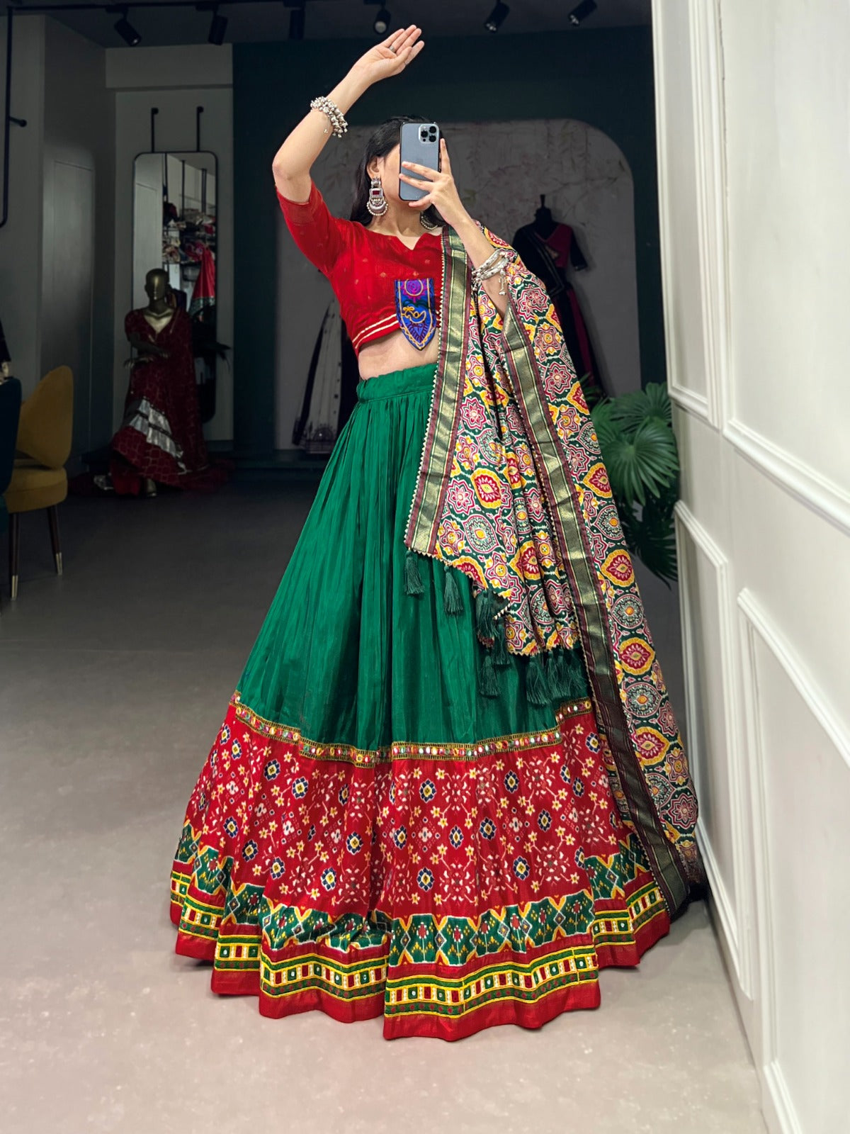 Green Dola Silk Printed With Foil Work Lehenga Choli