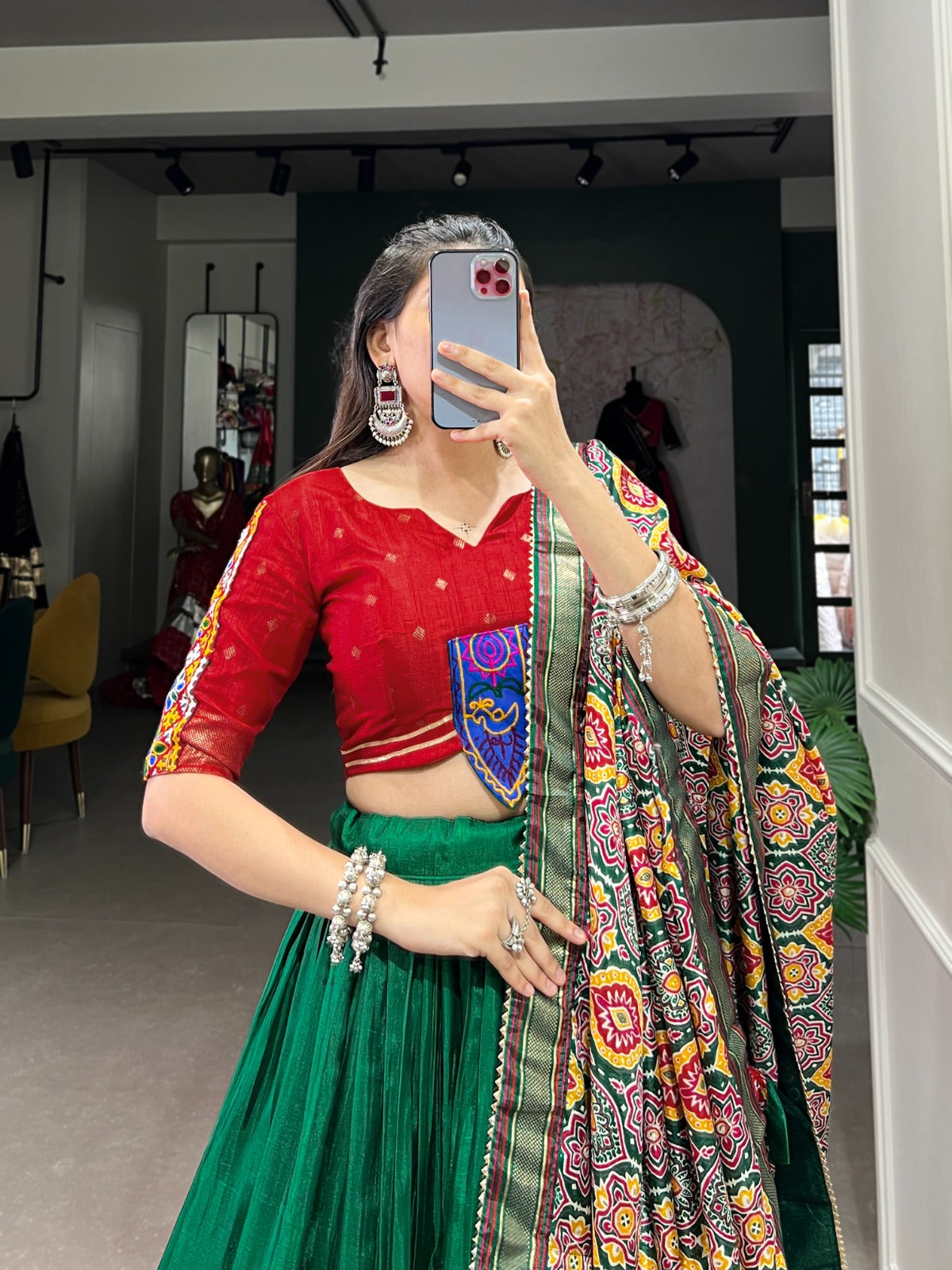 Green Dola Silk Printed With Foil Work Lehenga Choli