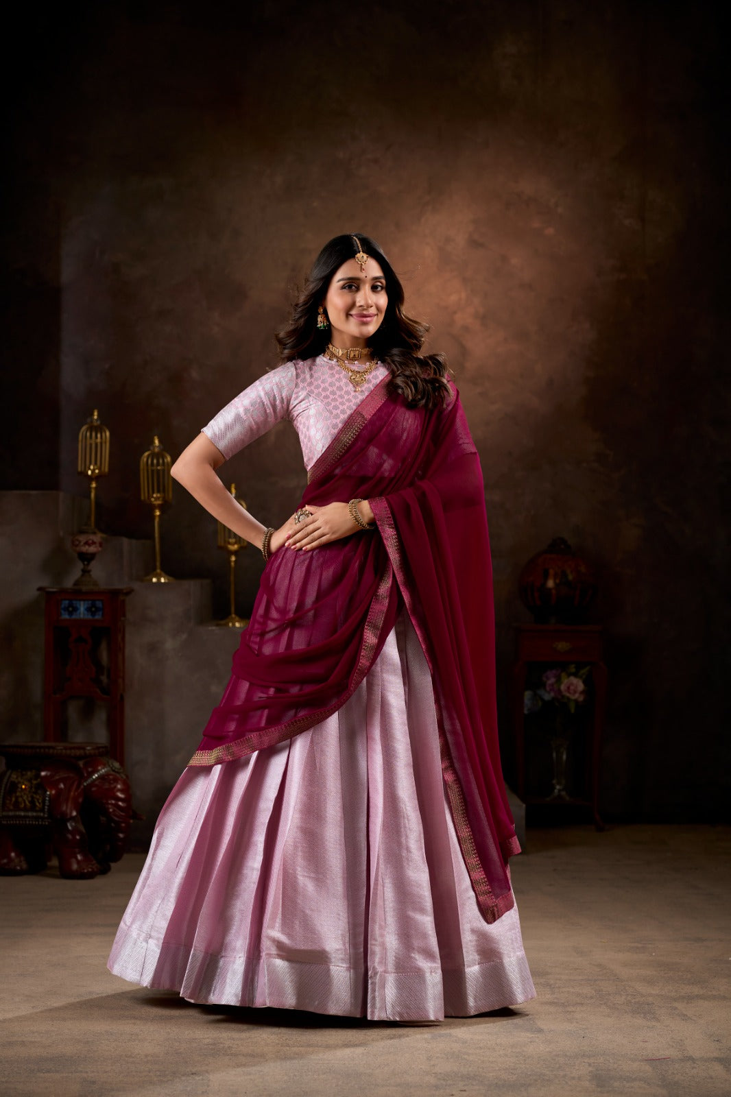Light Pink Weaving Work Jacquard Silk Lehenga Choli