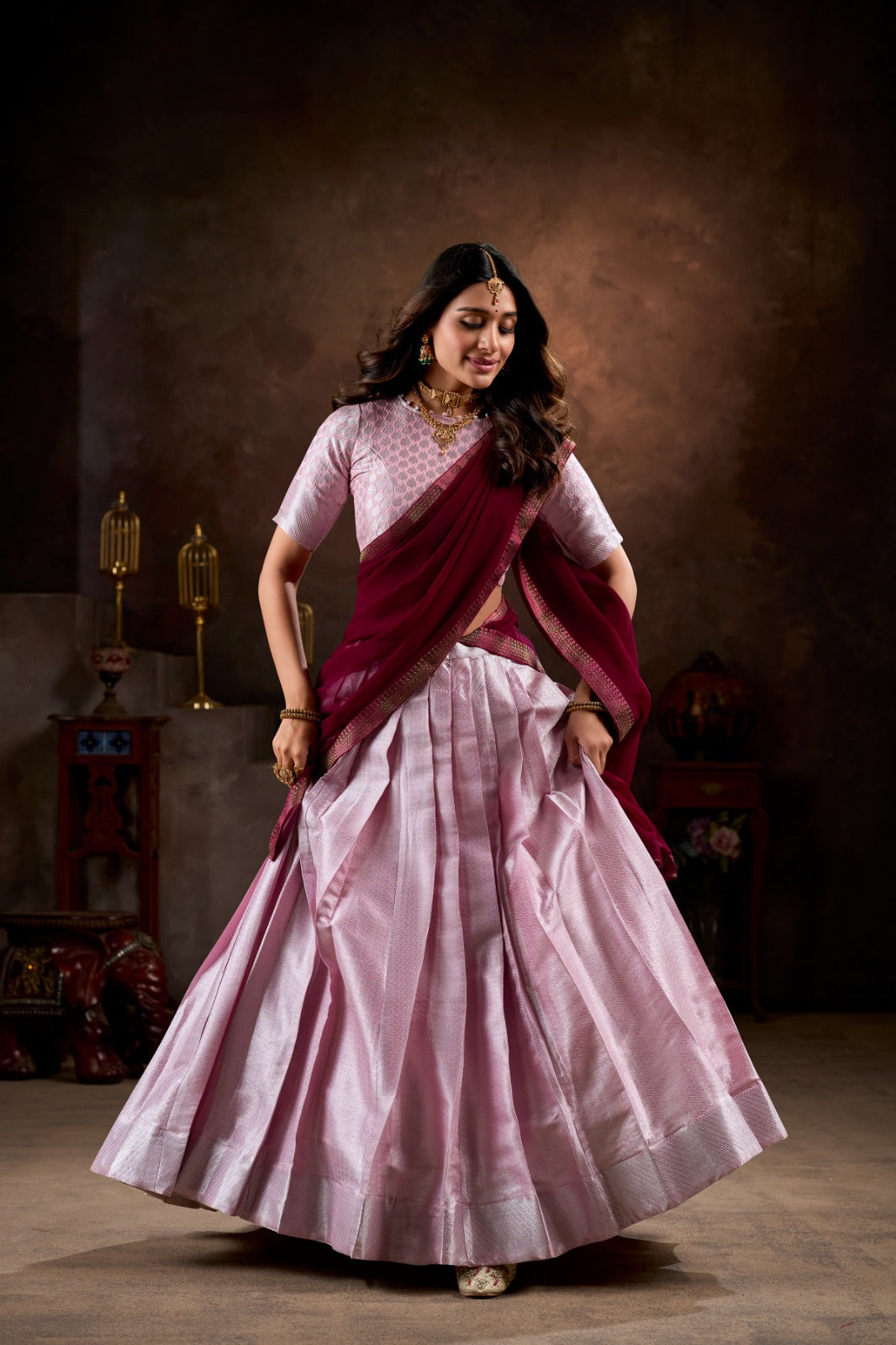 Light Pink Weaving Work Jacquard Silk Lehenga Choli