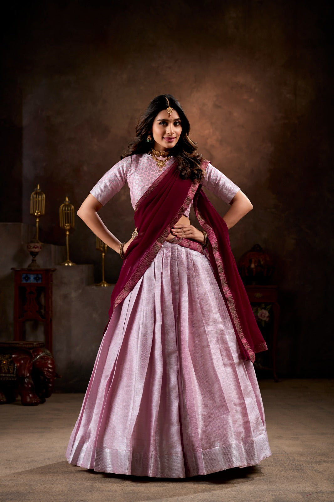 Light Pink Weaving Work Jacquard Silk Lehenga Choli