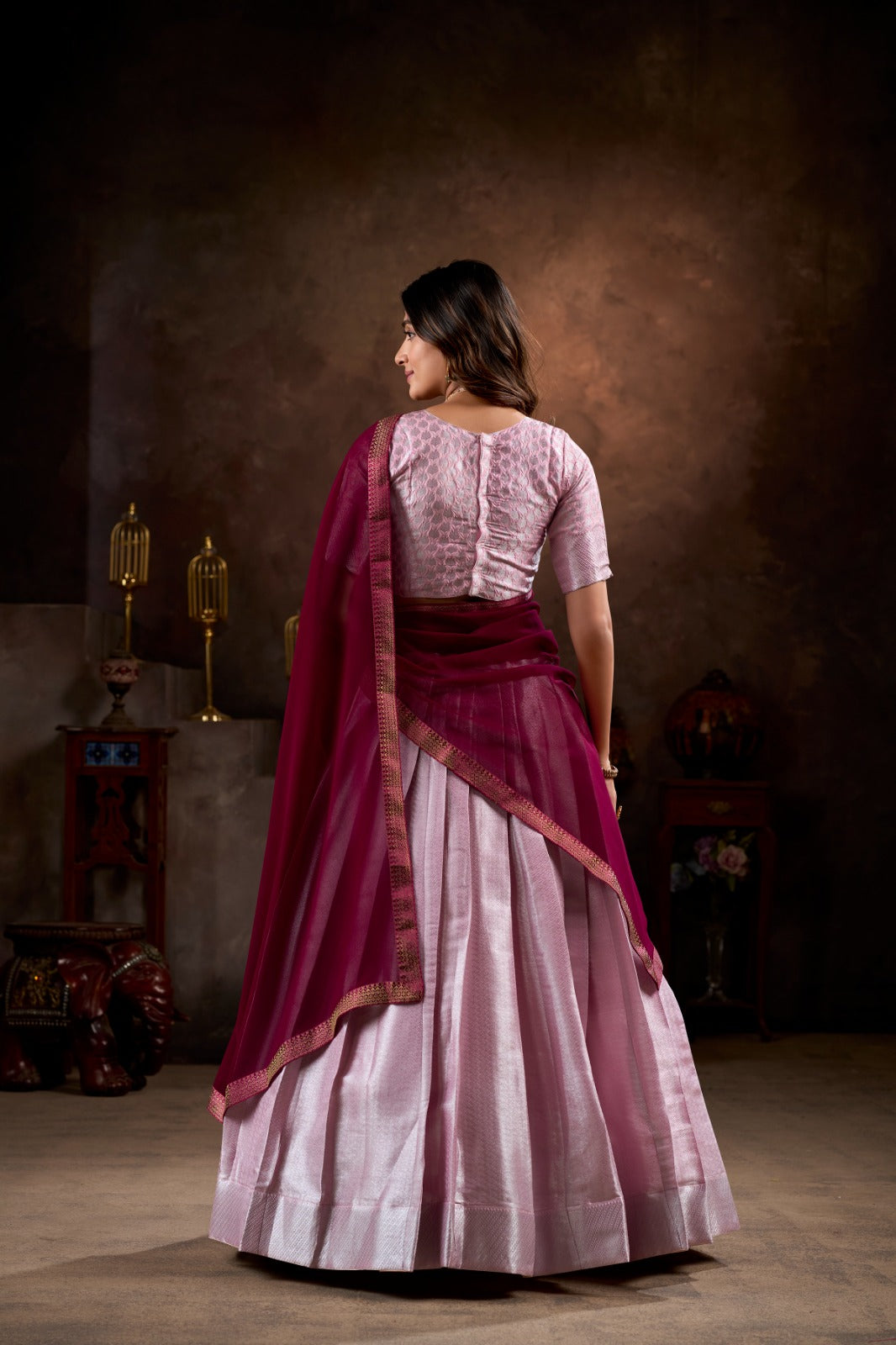 Light Pink Weaving Work Jacquard Silk Lehenga Choli