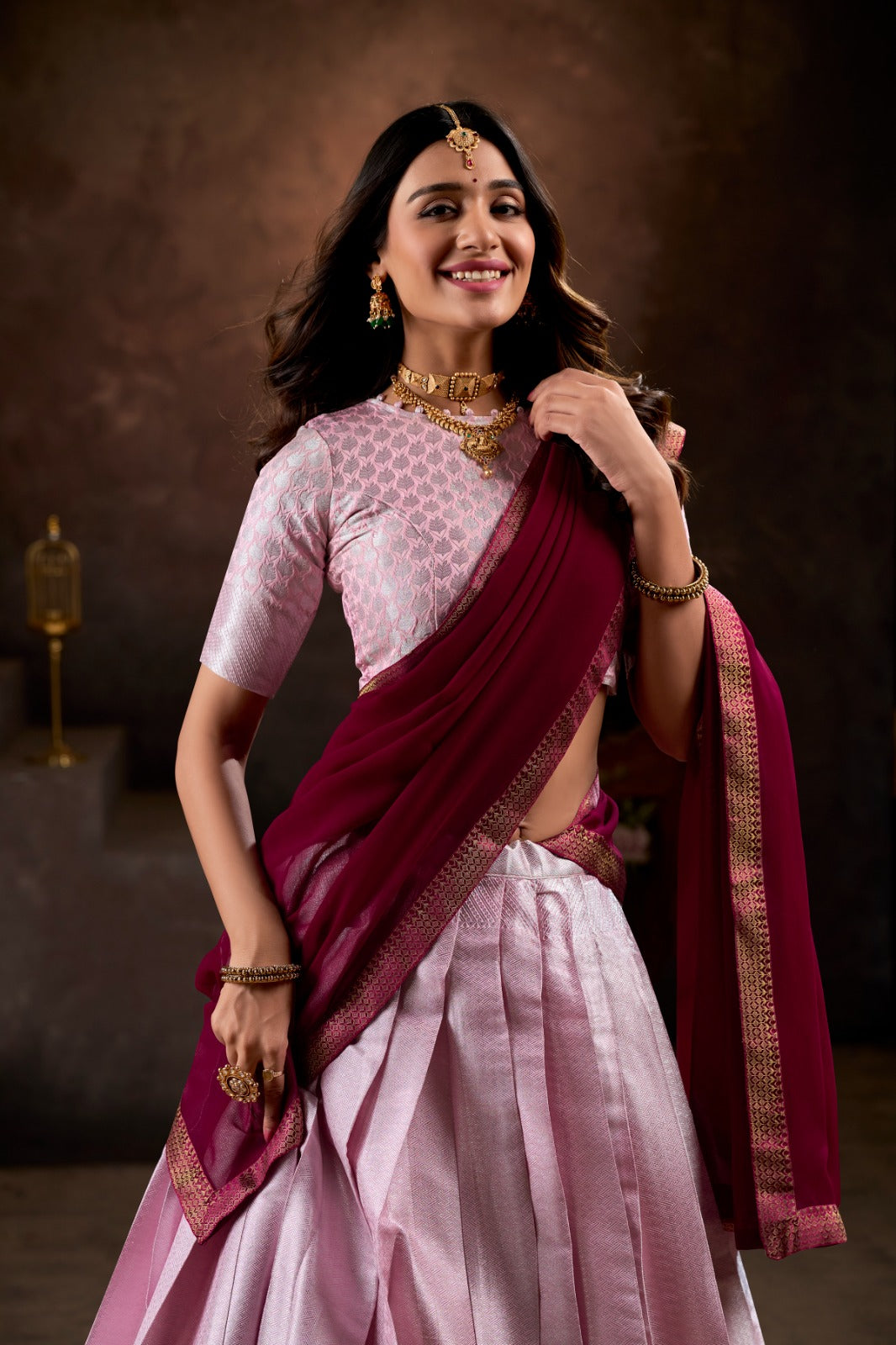 Light Pink Weaving Work Jacquard Silk Lehenga Choli