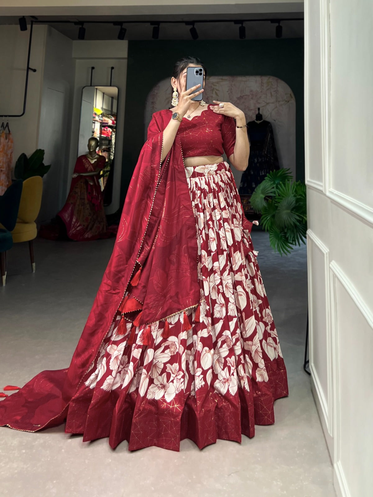 Red Tussar Silk Floral Printed Lehenga Choli