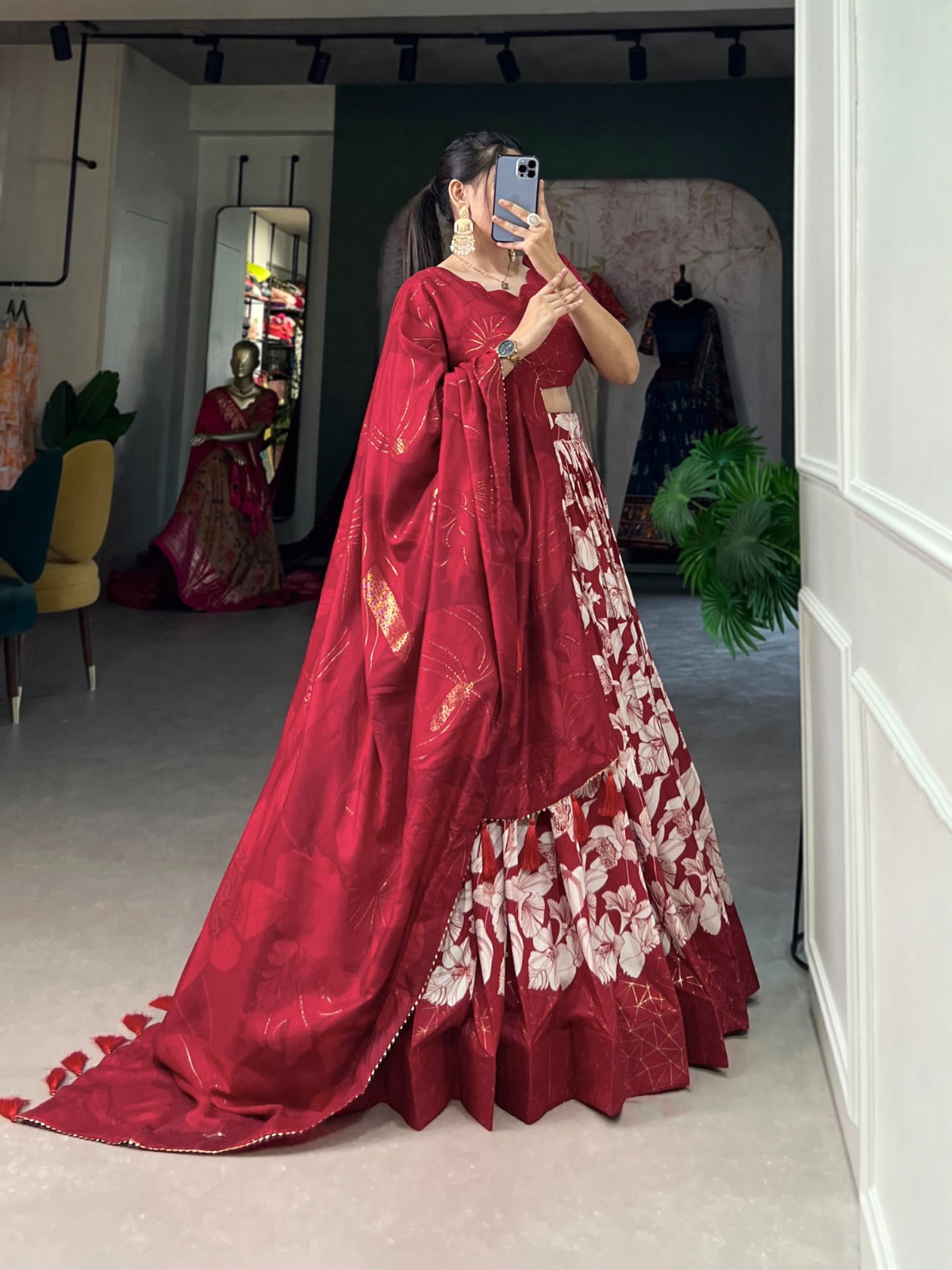 Red Tussar Silk Floral Printed Lehenga Choli