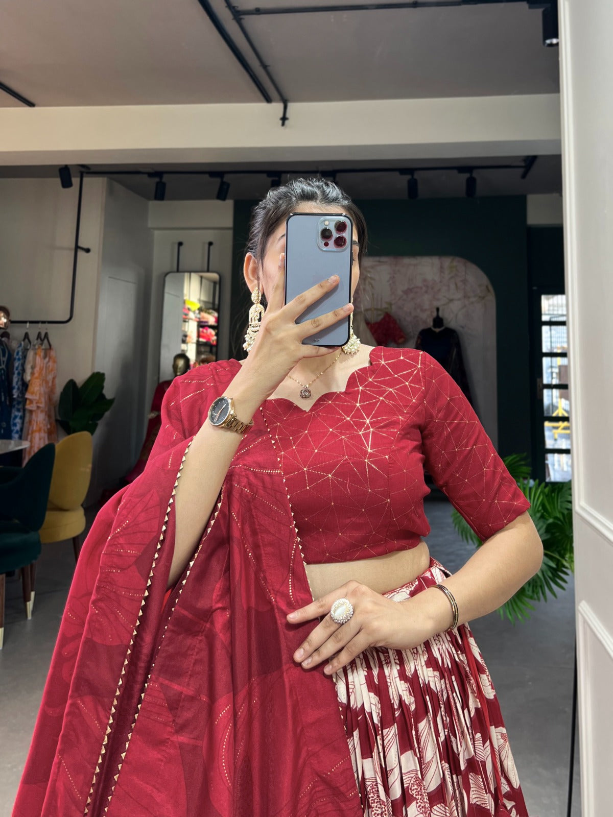 Red Tussar Silk Floral Printed Lehenga Choli