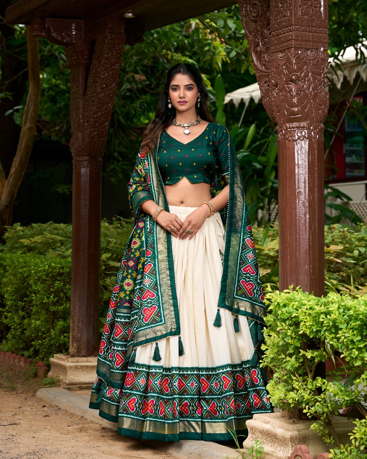 Green Tussar Silk Patola Print Lehenga Choli