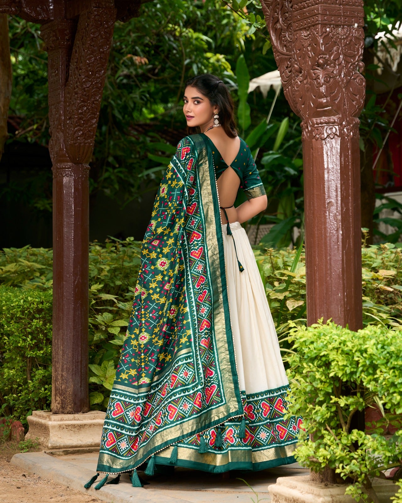 Green Tussar Silk Patola Print Lehenga Choli
