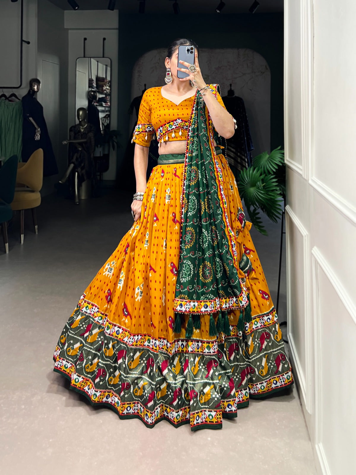 Yellow Patola Print With Gamthi Work Lace Foil Work Tussar Silk Lehenga Choli