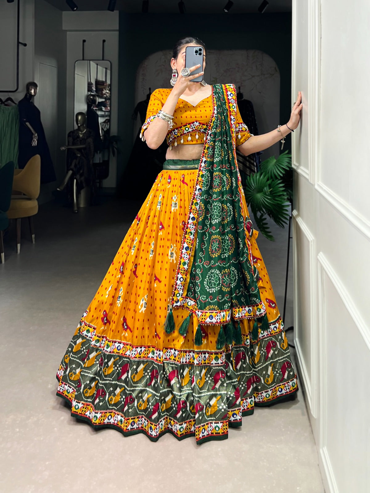 Yellow Patola Print With Gamthi Work Lace Foil Work Tussar Silk Lehenga Choli
