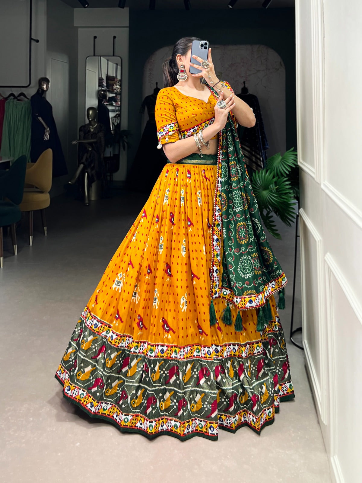 Yellow Patola Print With Gamthi Work Lace Foil Work Tussar Silk Lehenga Choli