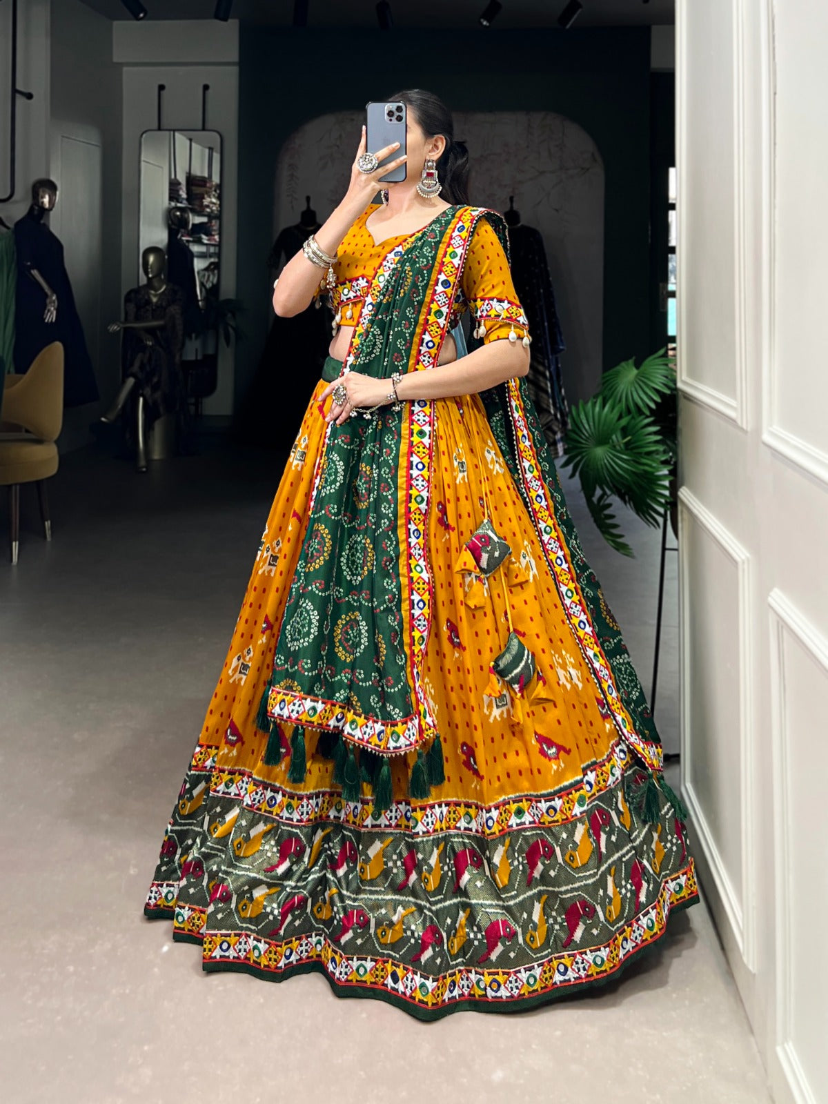 Yellow Patola Print With Gamthi Work Lace Foil Work Tussar Silk Lehenga Choli