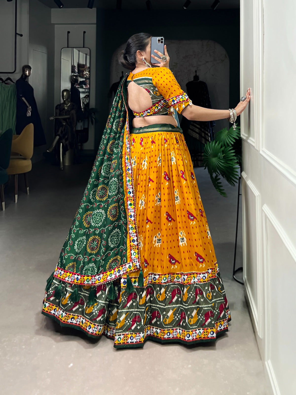 Yellow Patola Print With Gamthi Work Lace Foil Work Tussar Silk Lehenga Choli