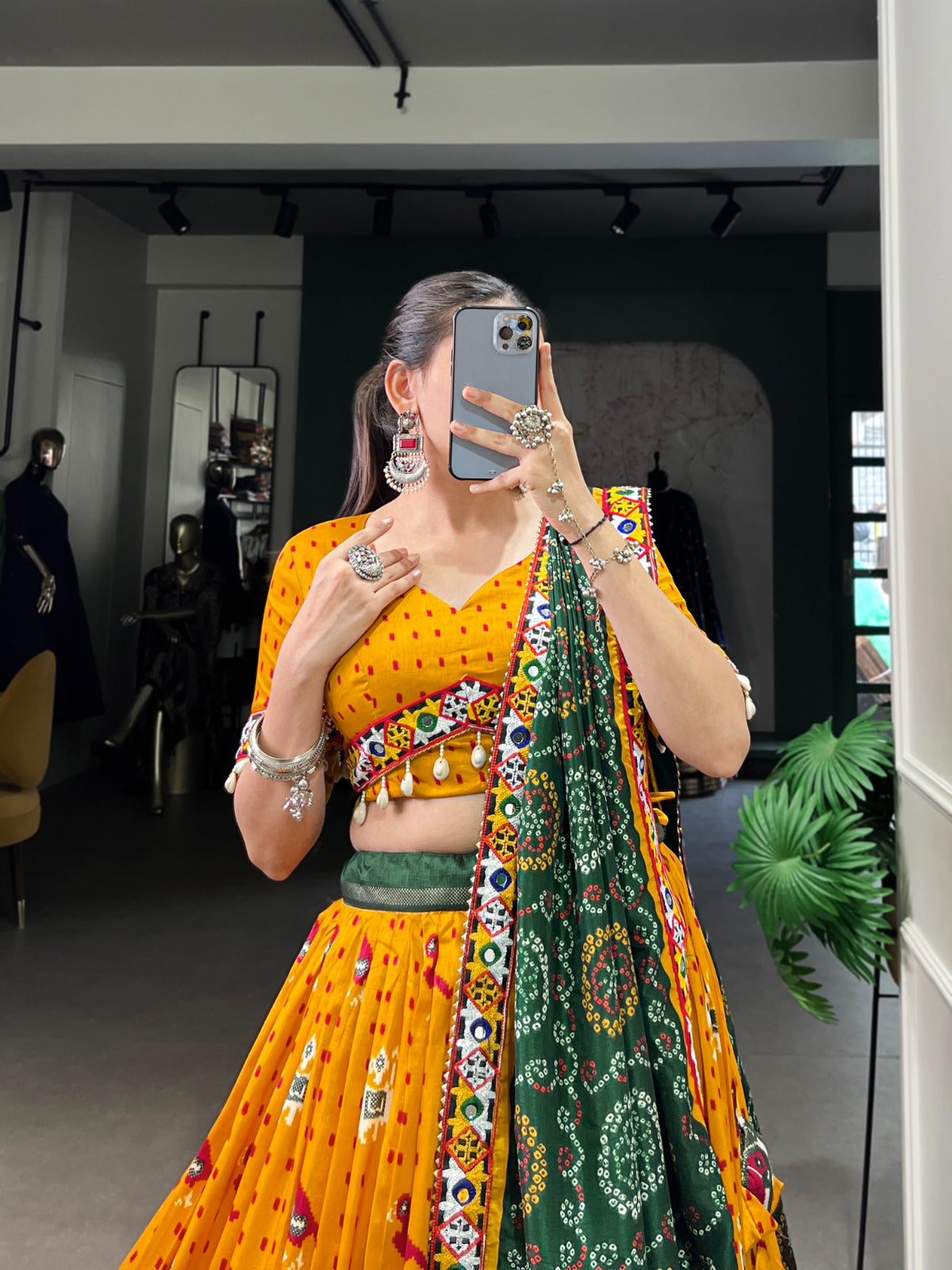 Yellow Patola Print With Gamthi Work Lace Foil Work Tussar Silk Lehenga Choli